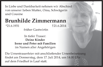 Traueranzeige von Brunhilde Zimmermann von Pegnitz-Zeitung